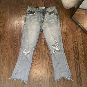 Shy Girl Light Wash High-Waisted Distressed Cropped Flair Jeans